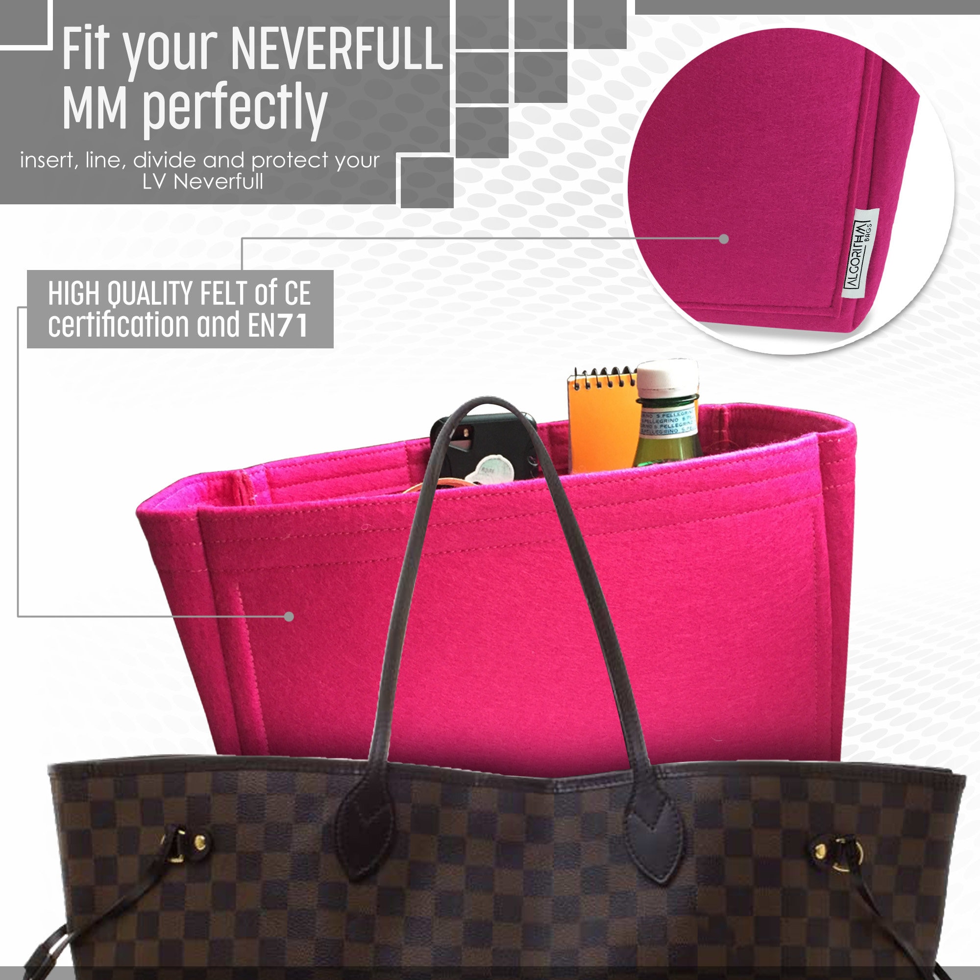 AlgorithmBags design for LV Neverfull NF GM Luxury Purse Organizer Insert  Shaper Liner Divider, Peony