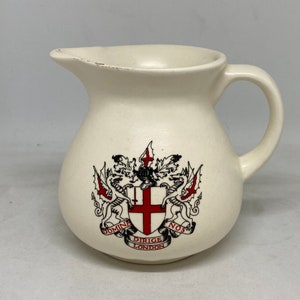 Vintage Prinknash Pottery Gloucester England, London small pitcher in cream tone with black and red London Coat of Arms on front