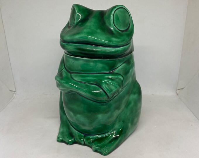 Vintage Ceramic Frog Cookie Jar, Crossed Arms, Big Eyes, Green Glaze