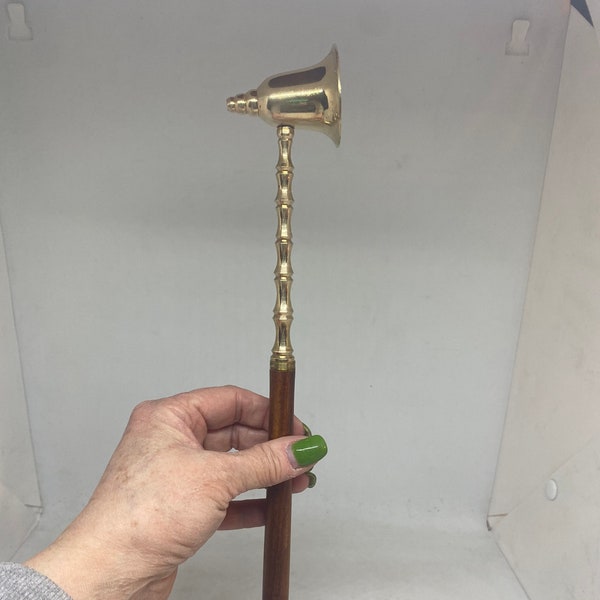 Vintage Candle Snuffer, solid brass and wood handle, hanging, 14 inches long