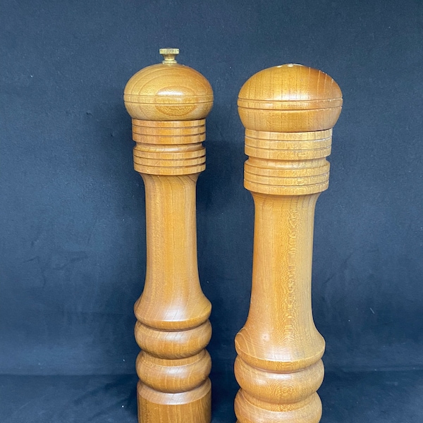 Shafford of Japan, tall wood salt shaker and pepper grinder with brass top, salt top screws off, vintage, wood-turned set, mid century