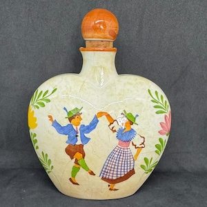 Vintage Shramberg German decanter with cork top, made in Germany, Tyrol art pottery, 1940&#39;s Majolika