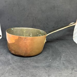 Vintage Copper Saucepan, copper exterior, 6 1/8" wide, 3.25" tall 6" handle
