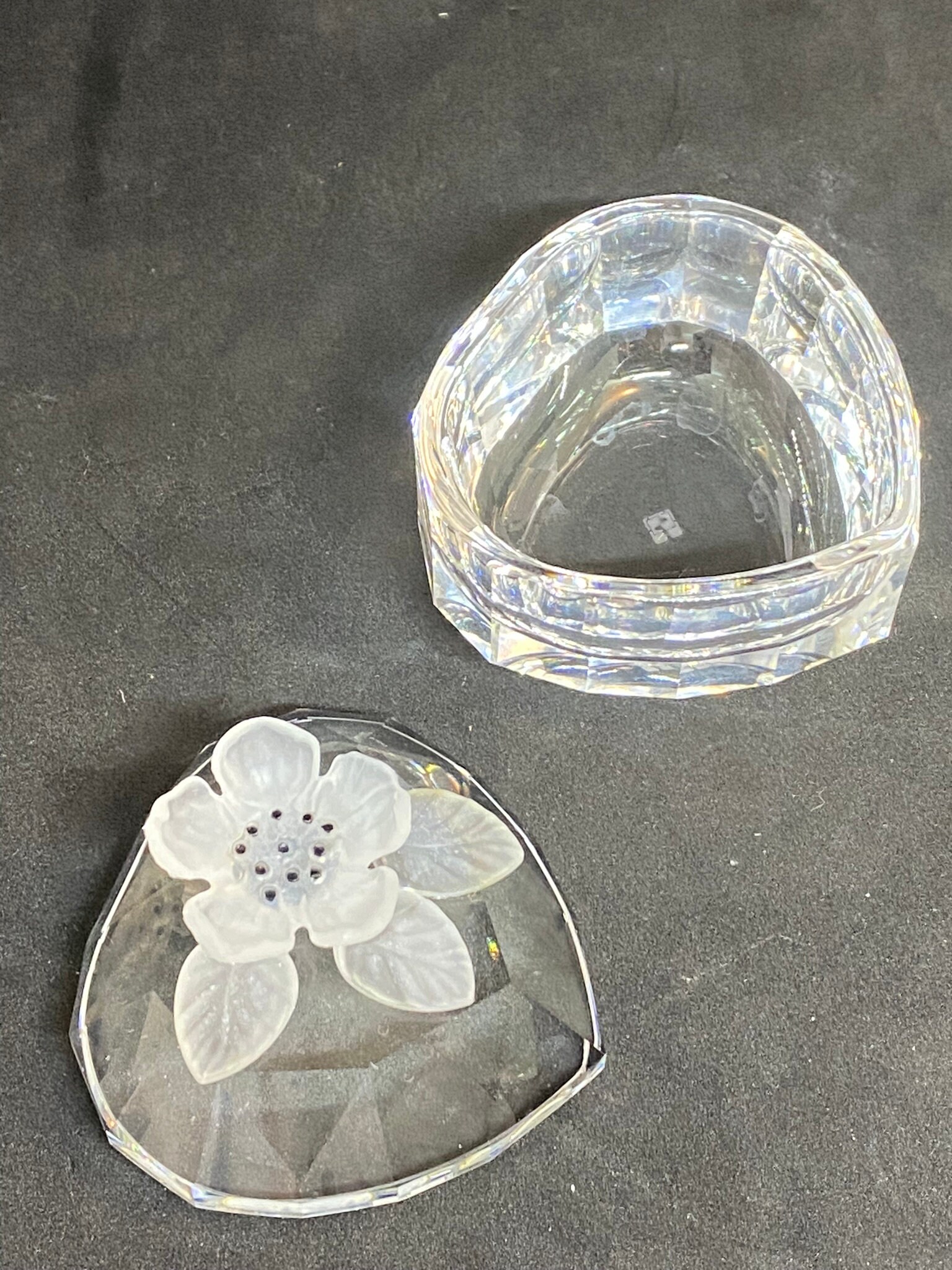 Vintage Swarovski Crystal Trinket Box: Heart-shaped Frosted Flower