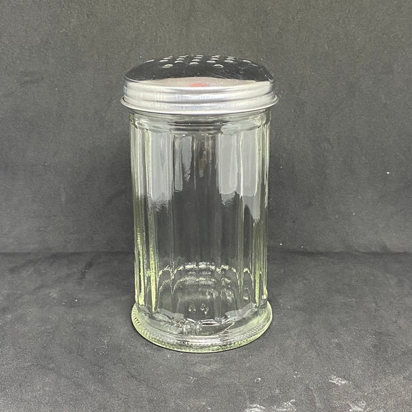 Vintage Halco USA restaurant ware, cheese shaker, powdered sugar, table sugar. Ribbed glass with stainless top