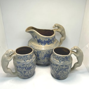 Vintage Beaumont Brothers Pottery Set: Salt Glazed Pitcher & Dog Handle Mugs