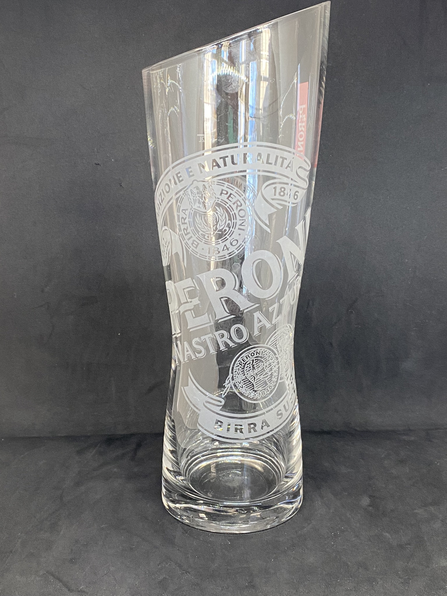 Peroni Etched Glass Large Beer Pitcher, Carafe, Italy, 1.2 Liters, 48  Ounces, Peroni Nastro Azzurro Birra Superior on Front Red Tag on Side 