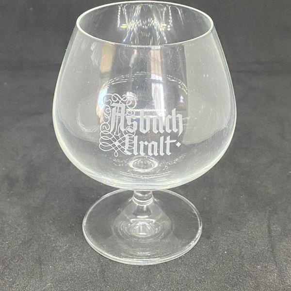 Vintage Asbach Uralt German Brandy snifter, 5 ounce size, etched logo on front, nearly 4 inches tall, mini snifter