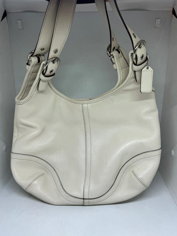 バッグ coach leatherbag white COACH Logo Web Strap Leather Chalk White Silver Tone