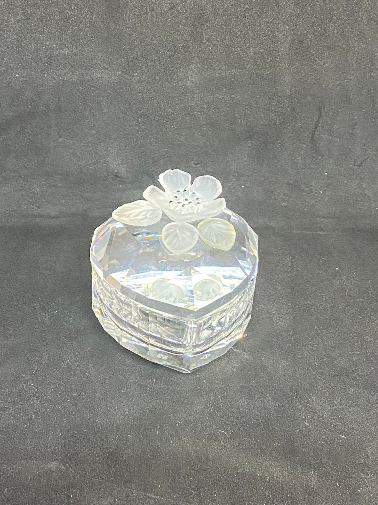 Vintage Swarovski Crystal Trinket Box: Heart-shaped Frosted Flower