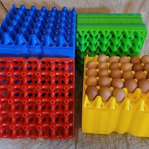 May include: A collection of colorful egg cartons in blue, green, red, and yellow. One yellow carton is filled with brown eggs. The cartons are made of plastic and are designed to hold eggs securely.