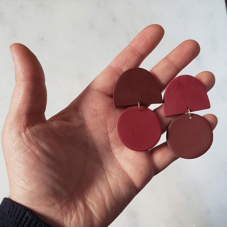 Hanging Disc Earrings in Burgundy / Red Statement Earring / Etsy