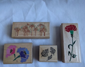 Vintage Nature Stamps; Rubber Stamps; Wooden-Based Stamps; Landscape / Plants Stamps - Carnation Flower, Peonies, Trees, Falling Leaf Stamp