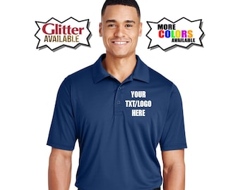May include: A navy blue polo shirt with a white embroidered design that says "YOUR TXT/LOGO HERE". The shirt is made of a performance fabric and has a classic fit. The image also includes two speech bubbles, one that says "Glitter Available" and another that says "More Colours Available".