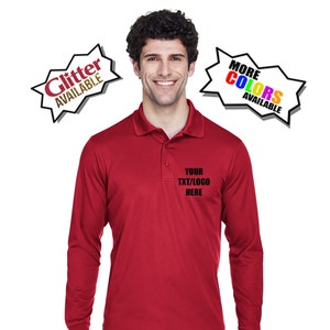 May include: Red long-sleeved polo shirt with a black embroidered design that says "YOUR TXT/LOGO HERE".