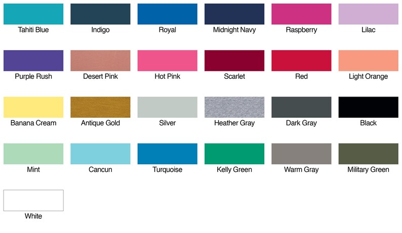 Puede incluir: Una carta de colores que muestra 18 colores diferentes de tela. Los colores incluyen Azul Tahit&iacute;, &Iacute;ndigo, Real, Azul Marino, Frambuesa, Lila, P&uacute;rpura Rush, Rosa Desierto, Rosa Caliente, Escarlata, Rojo, Naranja Claro, Crema de Pl&aacute;tano, Oro Antiguo, Plata, Gris Jaspeado, Gris Oscuro, Negro, Menta, Canc&uacute;n, Turquesa, Verde Kelly, Gris C&aacute;lido, Verde Militar y Blanco.