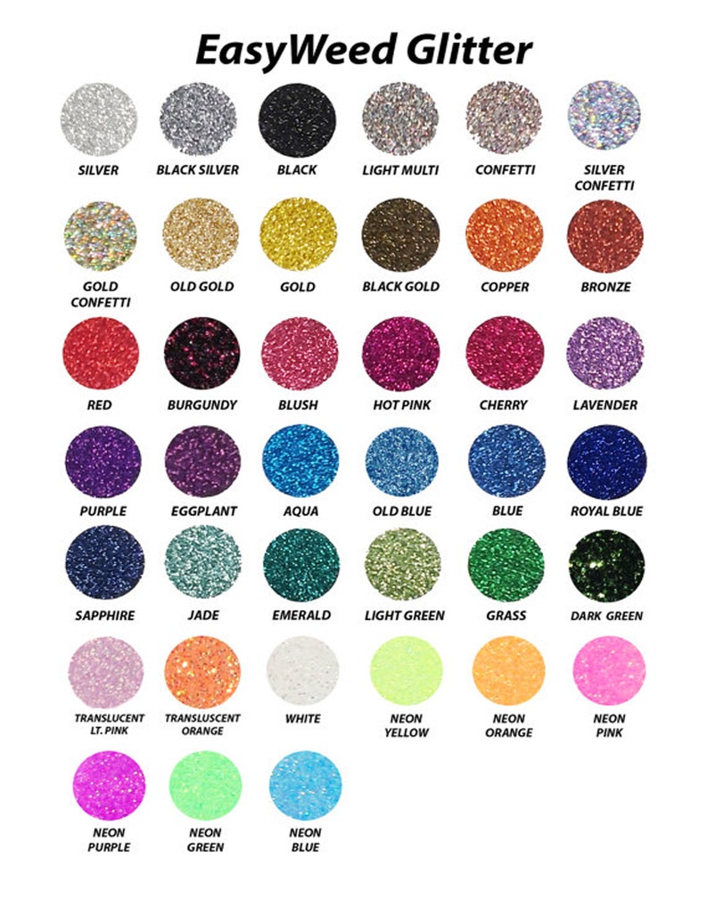 Puede incluir: Una tabla de 27 colores de purpurina diferentes, cada color est&aacute; representado por un c&iacute;rculo con el nombre del color escrito debajo. Los colores incluyen plata, plata negra, negro, multi claro, confeti, confeti dorado, oro viejo, oro, oro negro, cobre, bronce, rojo, burdeos, rubor, rosa intenso, cereza, lavanda, morado, berenjena, aguamarina, azul viejo, azul, azul real, zafiro, jade, esmeralda, verde claro, hierba, verde oscuro, rosa transl&uacute;cido claro, naranja transl&uacute;cido, blanco, amarillo ne&oacute;n, naranja ne&oacute;n, rosa ne&oacute;n, morado ne&oacute;n, verde ne&oacute;n y azul ne&oacute;n.