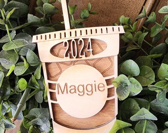Iced Coffee Lovers 2024 | Christmas Ornament | Personalized Name Engraved | Custom Christmas Tree Decor | Chai Tea | Coffee Mug