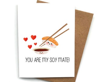 Love Card SOY MATE, Valentines Day Card, Card For Boyfriend, Card For Girlfriend, Anniversary Card, Valentine's Day Gift, Food, Sushi Card