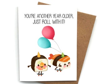 Geburtstagskarte für Ihn, Geburtstagskarte für Sie, lustiges Wortspiel SUSHI, Essen Karte, süße Kawaii Karte, Geburtstagsgeschenk, Freund Geburtstag