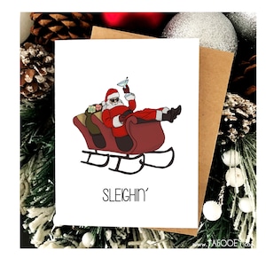 Santa Slayin MARTINI Tarjeta de Navidad, Tarjeta de Navidad divertida, Tarjeta de vacaciones divertida, Tarjeta de Navidad de alcohol, Tarjeta de Santa divertida, Tarjeta de trineo Navidad
