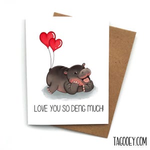 Moo Deng Love Card, Love You So Deng Much, kaart voor vriend, kaart voor vriendin, jubileumkaart, Valentijnsdagcadeau, baby pygmee nijlpaard