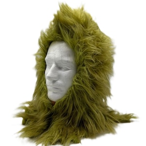 Grinch Inspired Green Faux Fur Hood – Costume Headpiece with Back Zipper & Front Velcro for Christmas Cosplay, Theater, and Film