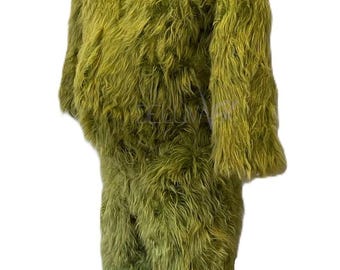Disfraz de piel sintética verde inspirado en el Grinch: mono, capucha, guantes, cubrezapatos y conjunto completo para cosplay navideño, teatro, cine, televisión y efectos especiales.
