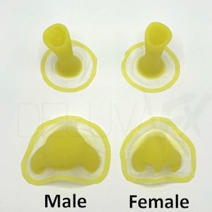 Puede incluir: Se muestran cuatro modelos de dispositivos médicos amarillos y blancos sobre un fondo blanco. Los modelos están etiquetados como "Male" y "Female" en texto negro. Los dos modelos superiores tienen forma cilíndrica, mientras que los dos inferiores tienen una forma más redondeada.