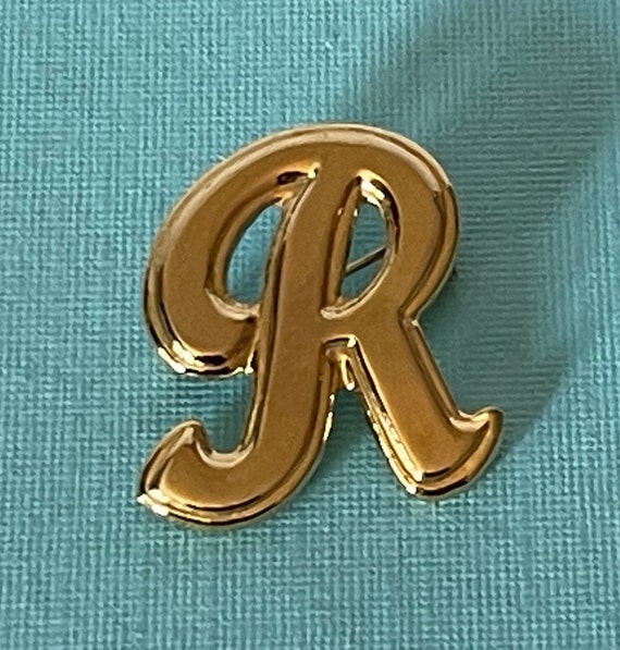 Vintage letter R brooch, gold letter R pin, letter