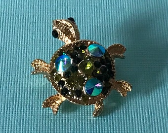 Rhinestone turtle brooch, aurora borealis rhinestone turtle pin, turtle jewelry, sea turtle, snapping turtle, tortoise pin rhinestone turtle