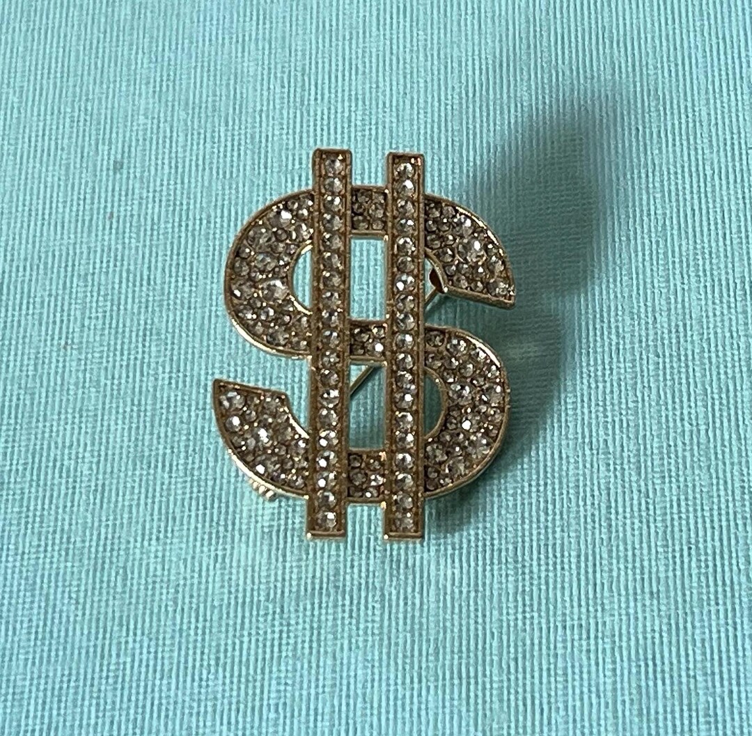 Rhinestone Dollar Sign Brooch, Rhinestone Money Sign Brooch, Gold Money ...