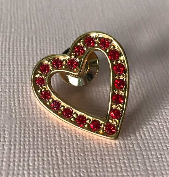 Vintage red rhinestone heart brooch, red heart pi… - image 3