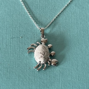 White turquoise crab necklace, 20&quot; crab necklace, white crab necklace, snow crab, stone crab brooch, silver crab necklace, crab jewelry crab