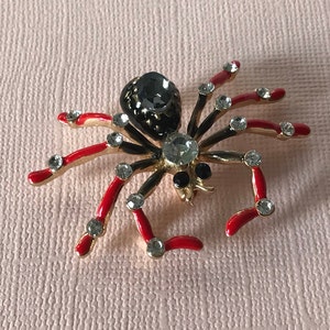Black and red rhinestone spider pin, spider brooch, Halloween spider pin, spider jewelry, red spider pin, black spider brooch, insect pin