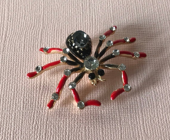 Black and red rhinestone spider pin, spider brooch, H… - Gem