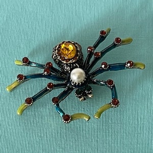 Large spider pin, blue and orange spider pin, rhinestone spider pin, Halloween spider, big spider pin, spider jewelry, wedding spider, lucky