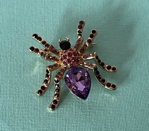 Purple rhinestone spider pin, spider brooch, inse… - image 1