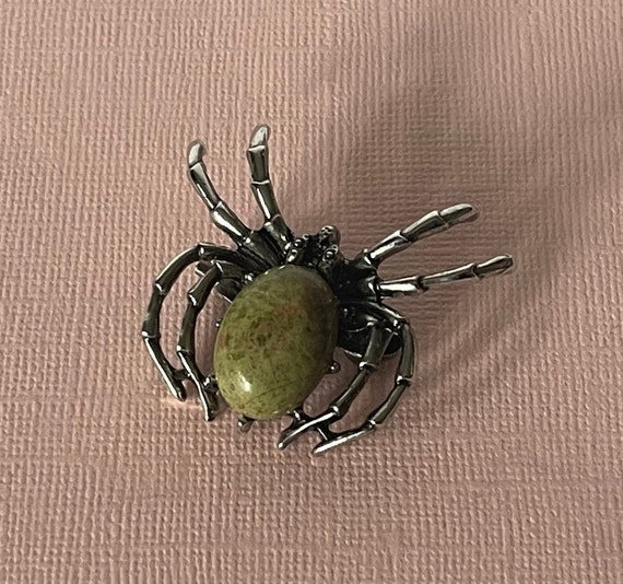 Jasper spider brooch, tarantula pin, green jasper… - image 2