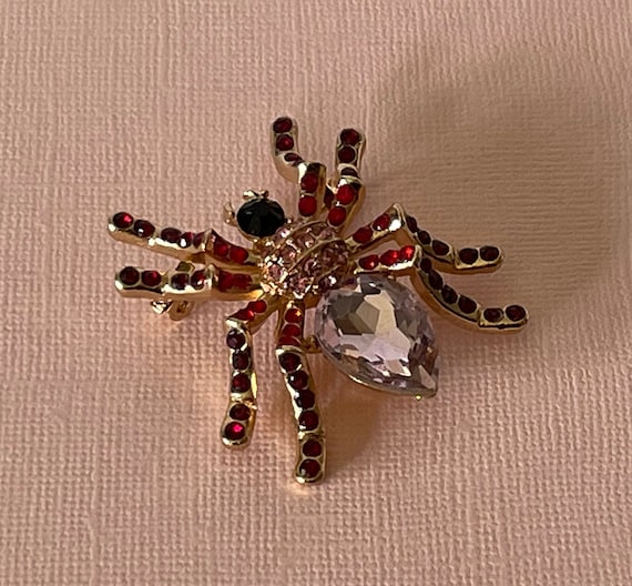 Pink and red rhinestone spider pin, spider brooch… - image 2