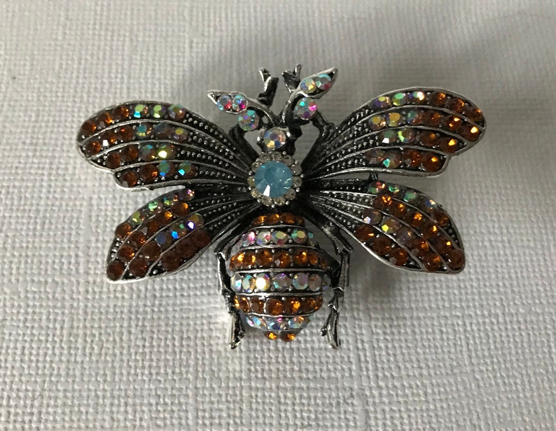bee jewelry bumble bee pin amber bumble bee pin silver bee pin copper rhinesotne bee pin Silver and copper rhinestone bee brooch