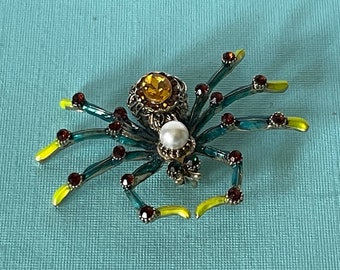 Rhinestone spider brooch, blue spider pin, tarantula brooch, faux pearl spider pin, spider jewelry, yellow spider pin, tarantula jewelry