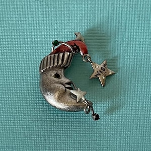 Vintage Crescent moon brooch, pewter moon brooch, Santa moon pin, man in the moon pin, Christmas brooch, wish upon a star, crescent moon pin