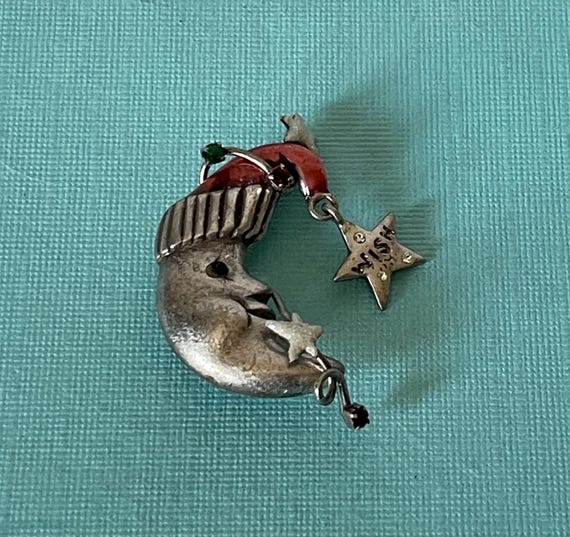 Vintage Crescent moon brooch, pewter moon brooch, Santa moon pin, man in the moon pin, Christmas brooch, wish upon a star, crescent moon pin