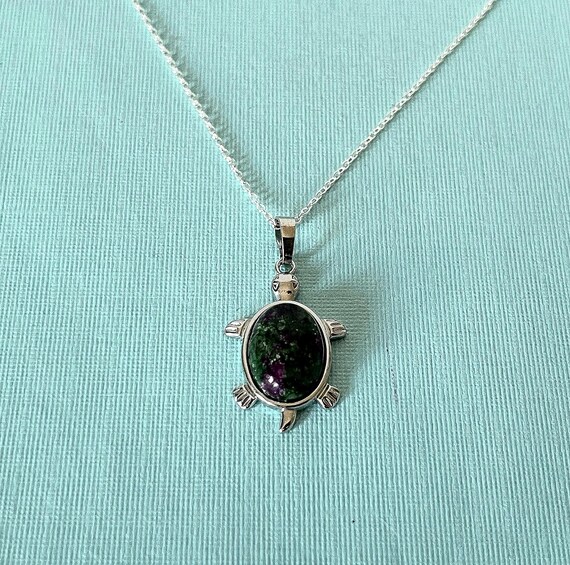 zoisite turtle necklace, green turtle necklace, purple turtle necklace, 20" turtle necklace, stone necklace, rock necklace, turtle jewelry