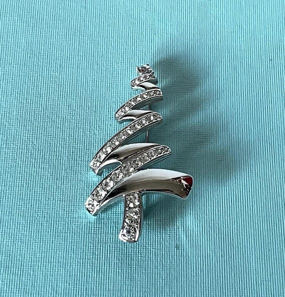 Vintage Christmas tree brooch, signed Monet Christmas tree pin, silver tree pin rhinestone Christmas tree pin holiday jewelry Christmas tree