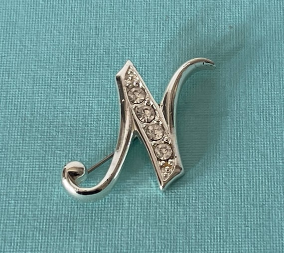 Vintage letter N brooch, rhinestone letter N pin, silver letter N brooch, letter N jewelry, initial N pin, monogram N brooch, Letter N pin