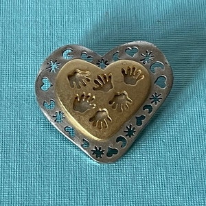 Vintage heart brooch, signed Impressions on the Soul brooch, hand in heart brooch, crescent moon heart, heart jewelry, gold heart pin silver