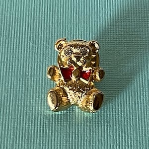 Vintage teddy bear tie tack, teddy bear lapel pin, rhinestone teddy bear, teddy bear jewelry, gold teddy bear brooch,