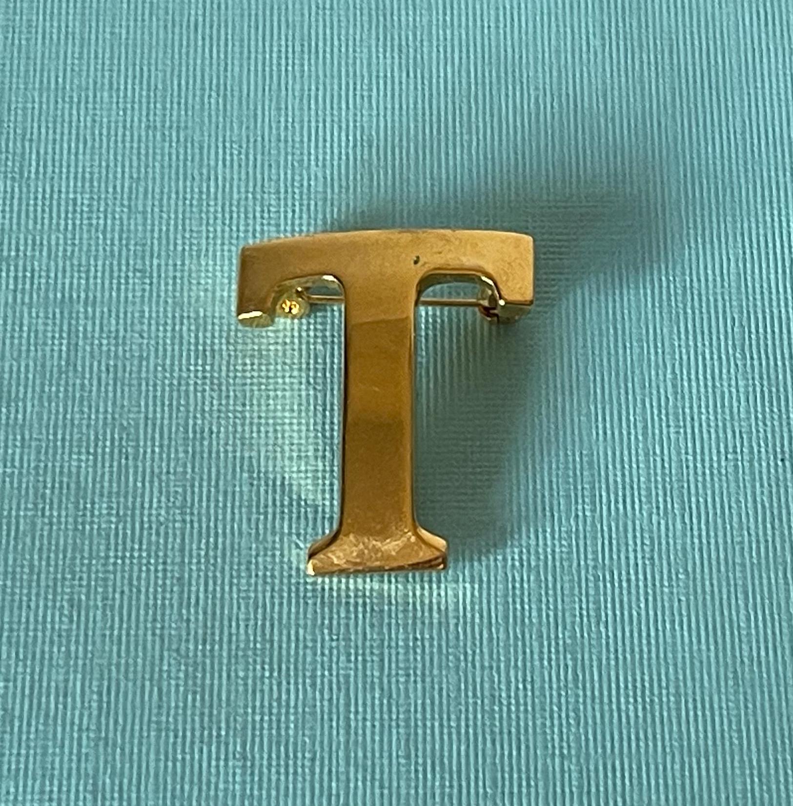 Vintage Letter T Brooch, Signed AK, Anne Klein Letter T Pin, Gold
